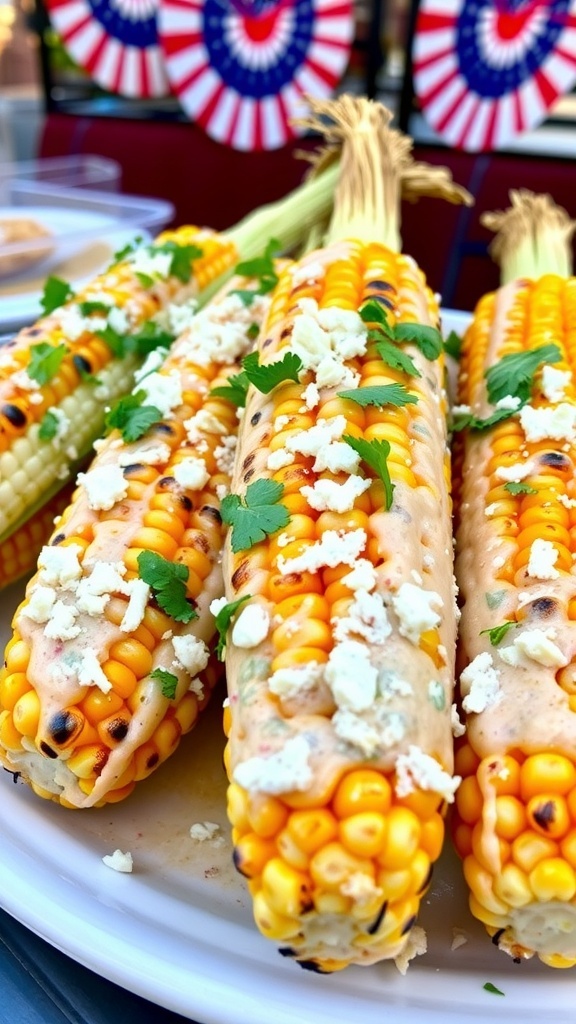 Grilled street corn on a plate, topped with cheese and cilantro, with festive 4th of July decorations.